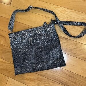 CoFi Genuine Leather Metallic Speckled Crossbody Bag Black Silver Shimmer Flat